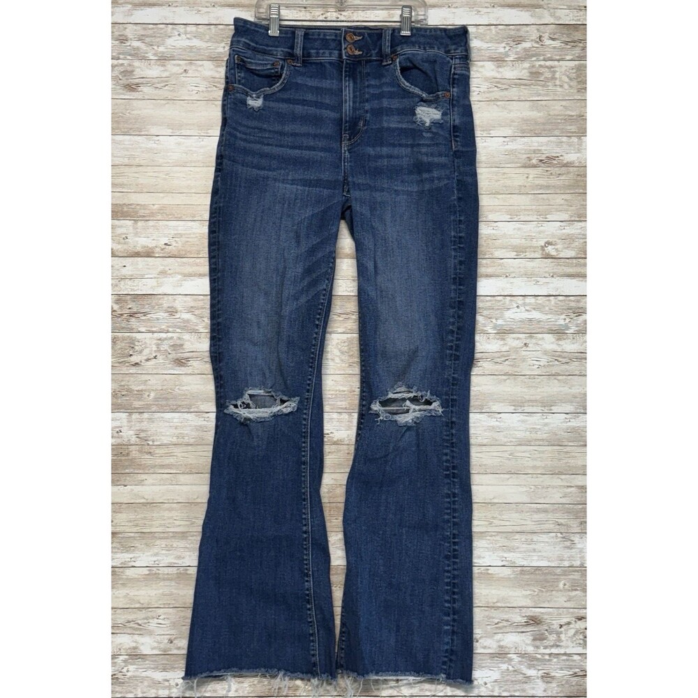 AE High Rise Artist Flare Jeans Sz 10 Long Super Stretch Distressed Boho Hippie